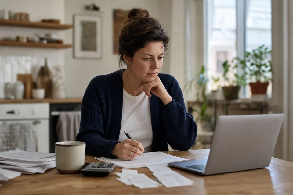 Freelancer at a kitchen table comparing tax software costs with a tax form, receipts and a calculator