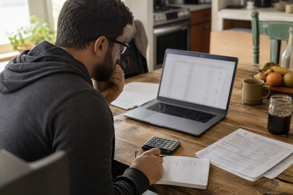 Freelancer at a kitchen table comparing tax software prices with a 1099 and a calculator