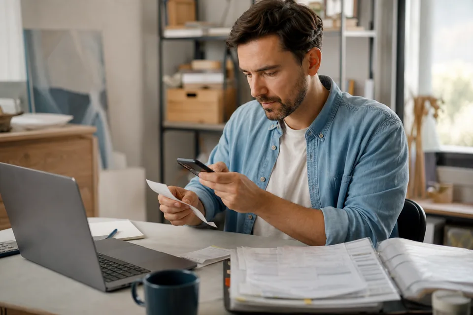 Freelancer photographing a receipt with a phone at a home office desk