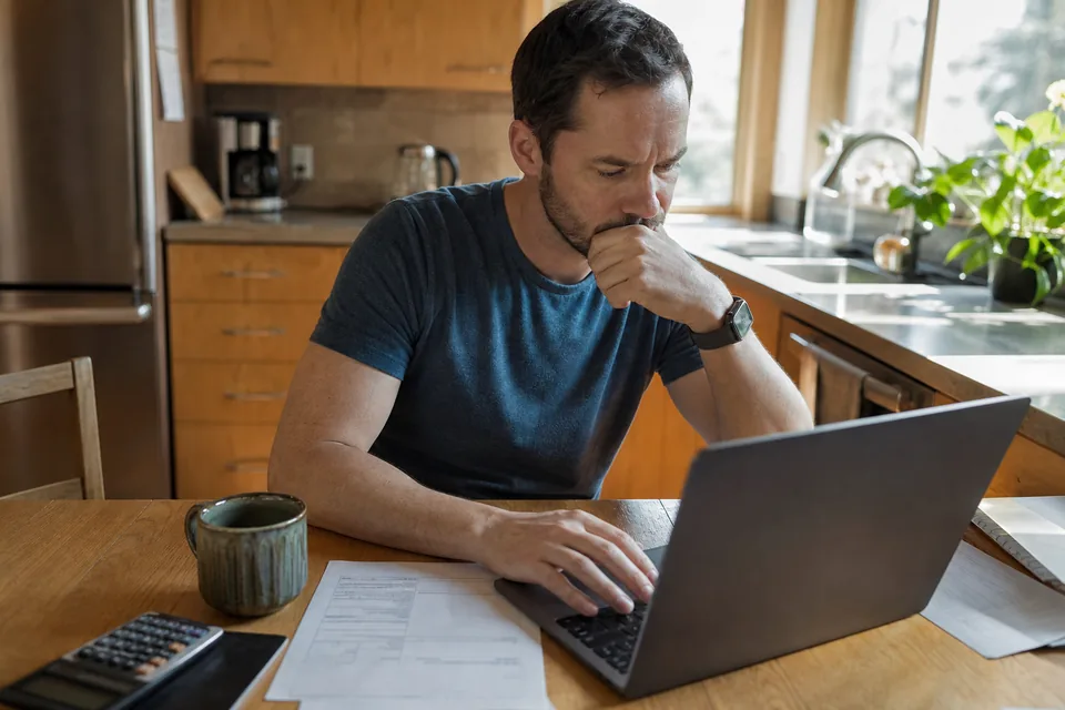 Self-employed man at a kitchen table comparing tax software prices on a laptop with a calculator and a 1099 form