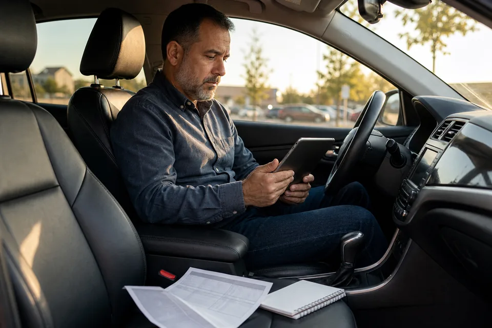 Rideshare driver in a parked car reviewing his tax year on a tablet with a tax form and mileage notebook