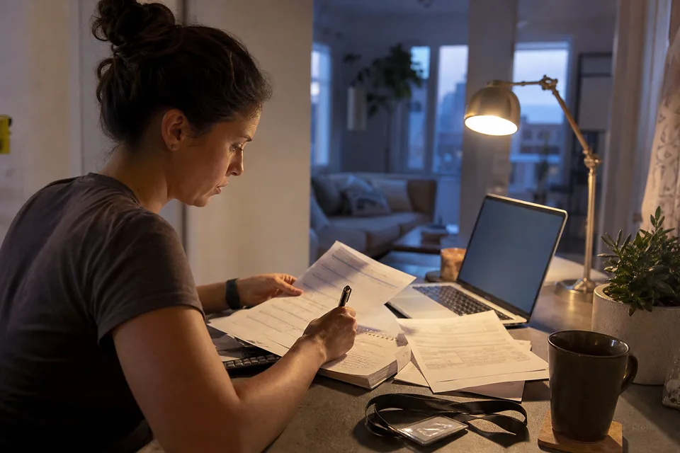 Woman at a home desk with a W-2, two 1099 forms and a laptop, sorting a day job and side income onto one return