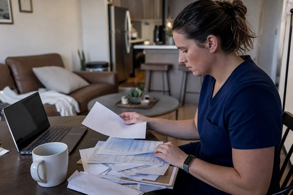 Travel nurse in scrubs at a rental apartment table sorting W-2 forms from several staffing agencies