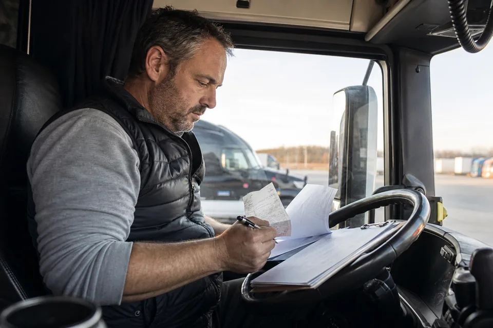 Owner-operator truck driver in the cab of a parked semi reviewing settlement statements and fuel receipts