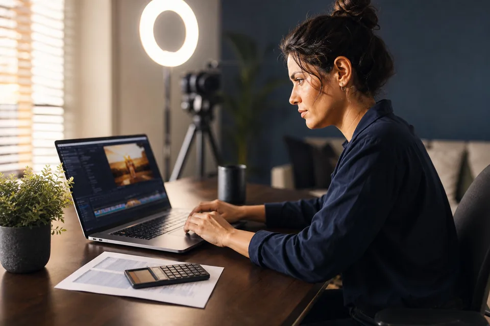 Video creator at a home studio desk reviewing a printed tax form beside a laptop and camera